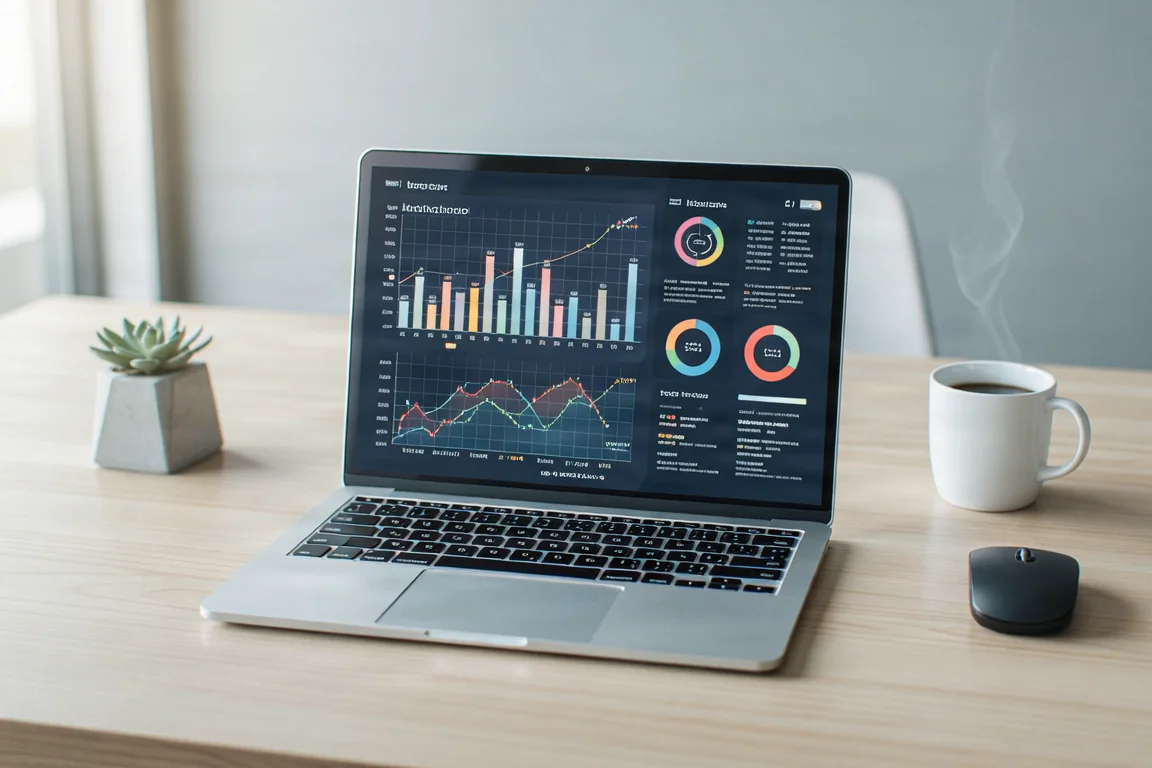 A modern laptop on a clean desk displaying a detailed SEO keyword analysis dashboard with colorful charts and graphs.