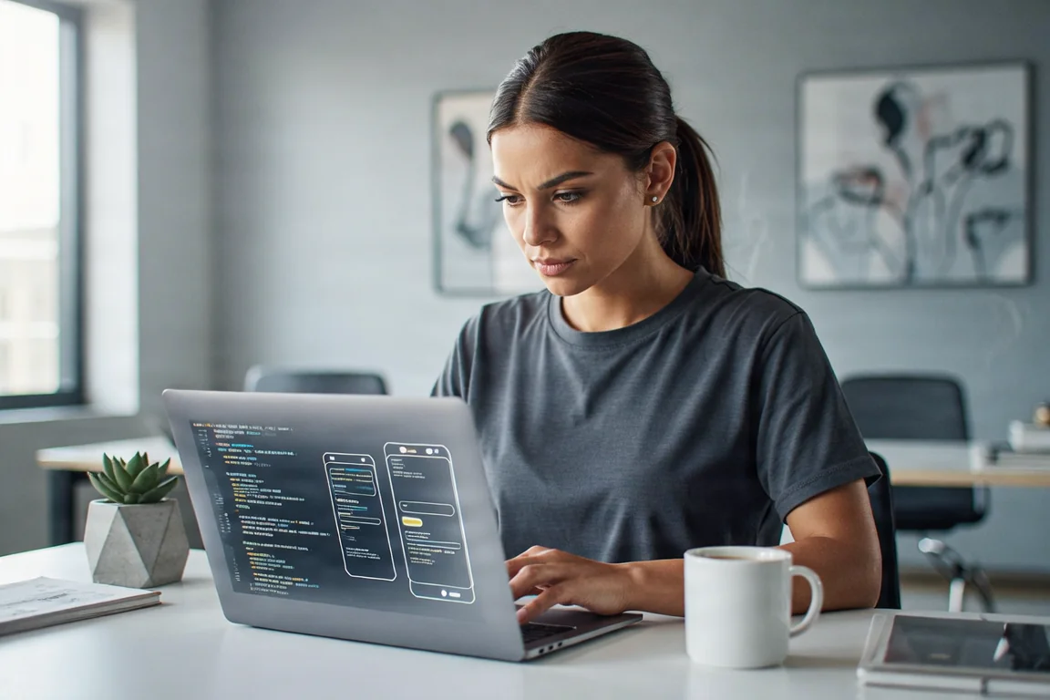 A professional developer working on a mobile app interface on a large monitor in a modern office.