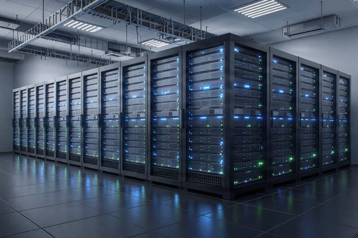 A high-tech server room with glowing blue lights and rows of data servers representing web hosting.