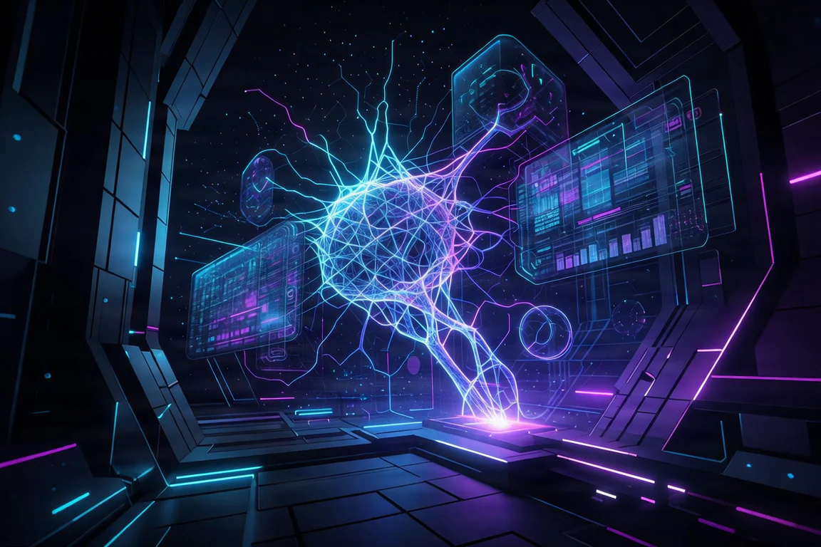 A futuristic representation of Artificial Intelligence in 2026-2027, featuring a glowing neural network and advanced holographic interfaces.